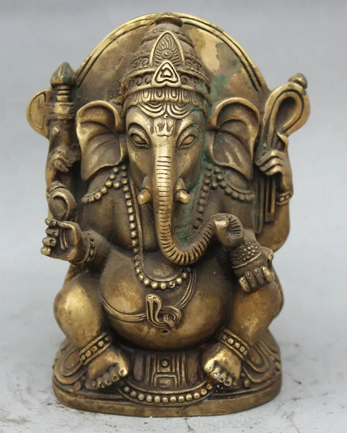 

6" Chinese Brass Ganapati Ganesh Lord Ganesha Elephant Buddha Seat statue