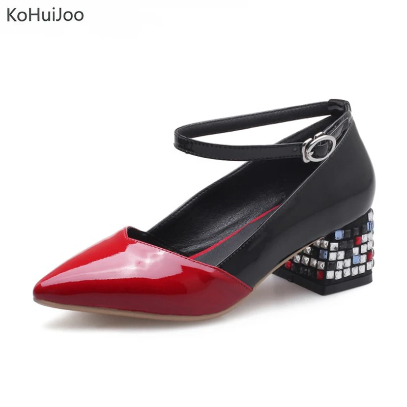 

KoHuiJoo Spring Summer 2019 Genuine Leather Pumps Sandals Women Shoes Black Red Color 34-40 Size Square High Heels Ladies Pumps