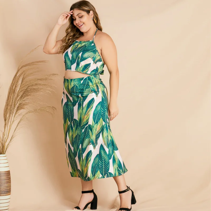 

Two Piece Plus Size Sets for Women Outfit Large Co-ord Set Summer Suits Crop Top and Skirt Green Print Floral Clothing 2019 2PCS