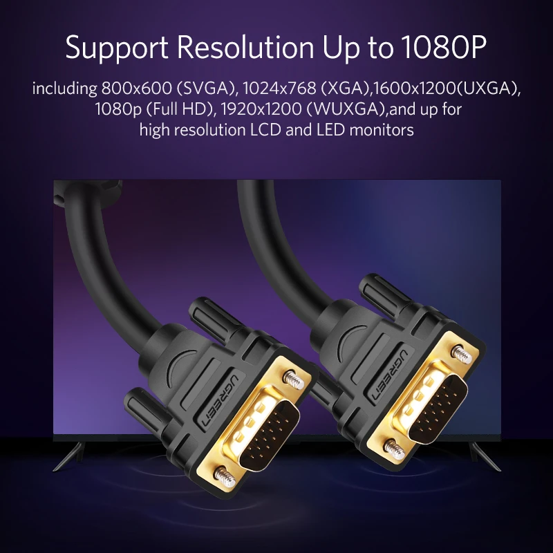 Кабель Ugreen 1080P VGA плоский кабель штекер Черный Плетеный высокопремиум