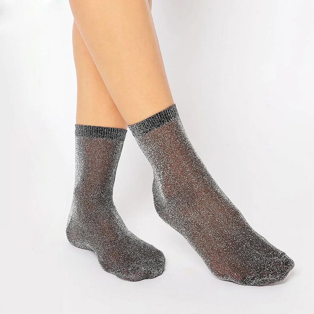 Новые женские блестящие носки высшего качества. Тонкие блестящие носки до щиколотки золотого и серебристого цветов. Женские яркие короткие носки. 7 цветов