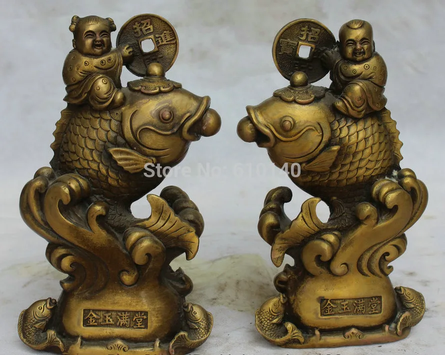 

9" Chinese Fengshui Copper Boy Girl Ride Fish Wealth Coin Statue Sculptur Pair