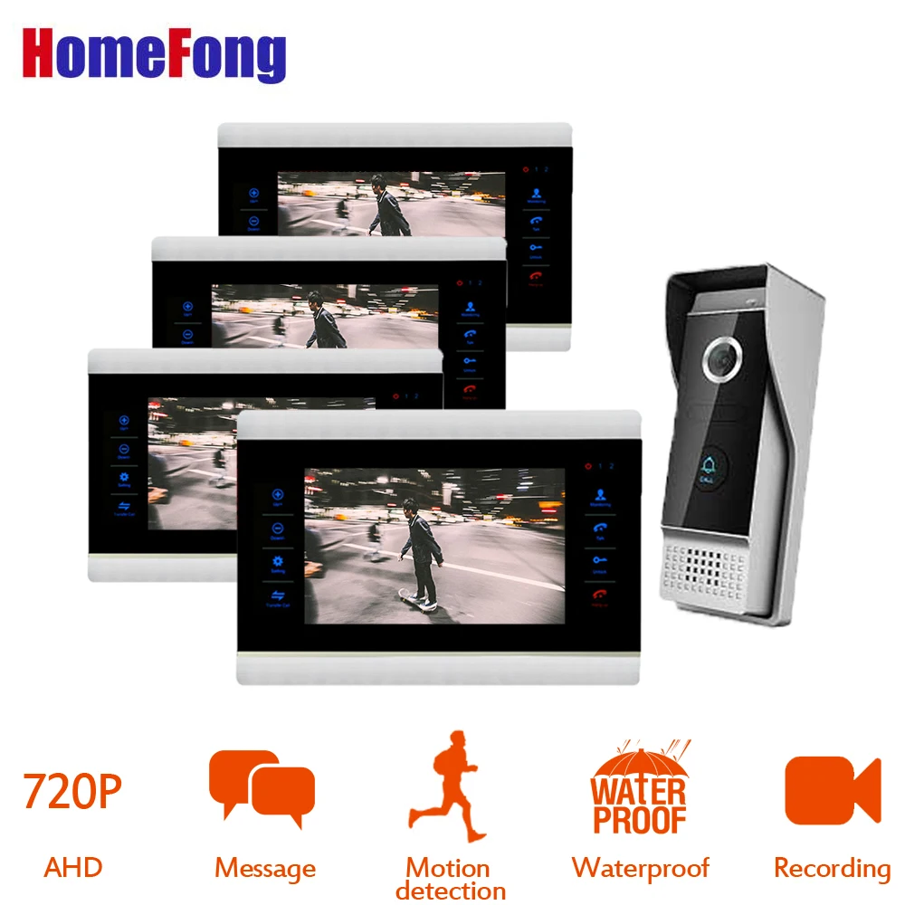 HomeFong 7-дюймов видеодомофон 1 камера 4 монитора Hands-free 2-полосная система внутренней связи Легкая установка настенное крепление