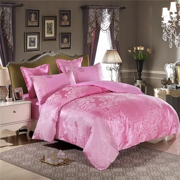 Розовые цветы жаккард 4 шт. набор постельного белья Queen King комплекты роскошь шелка из мулберийного дерева пододеяльники качество постельного белья простыня наволочка - Цвет: style4