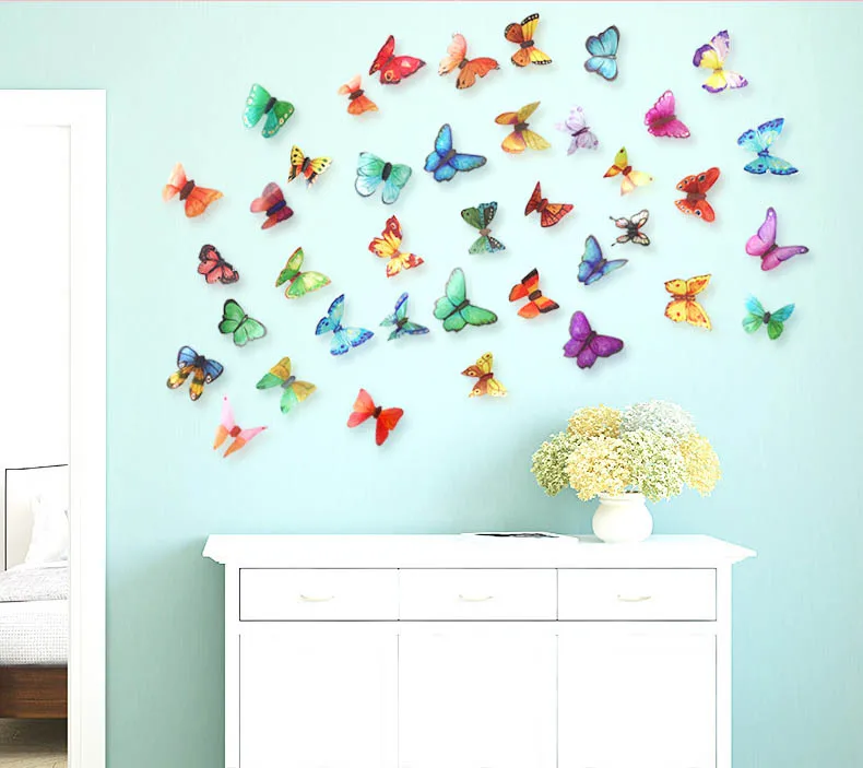 30 шт. 3d ПВХ многоцветная Наклейка на стену с бабочкой, художественная наклейка для гостиной, одноцветные бабочки для домашнего декора, настенные наклейки DIY