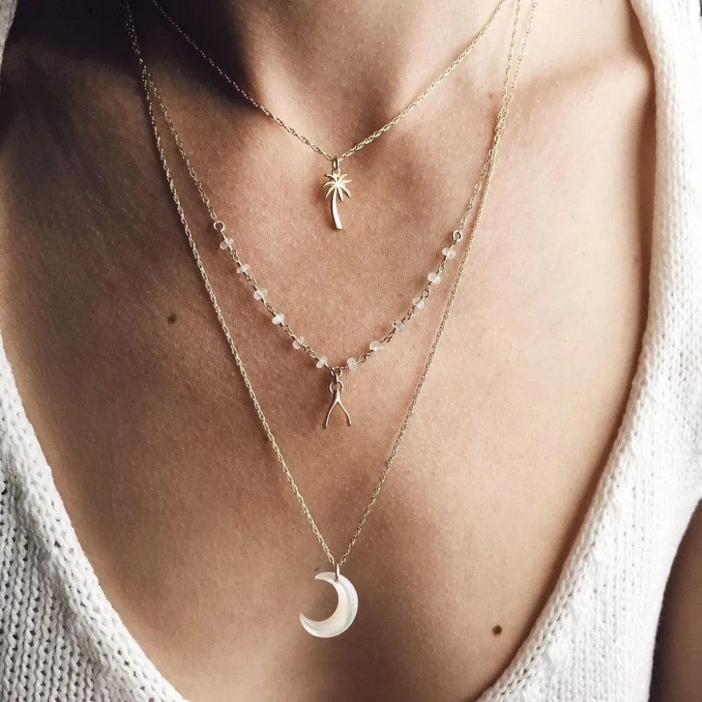 

Boho Gold Color Coconut Tree Crescent Moon Star Pendant Necklace for Women Fashion Crystal Multi Layered Choker Necklaces