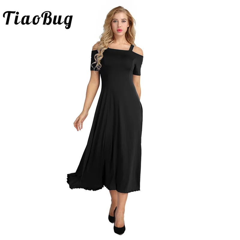 

TiaoBug Fashion Summer Cold Shoulder Short Sleeves Solid Color A-line Stretchy Dance Competition Party Long Women Ballroom Dress