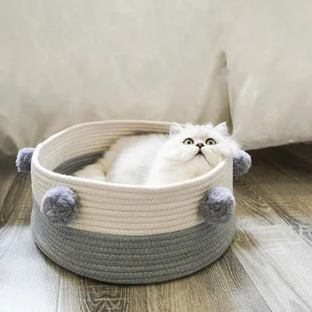 

Cat Bed Pet Kennel Soft Hand-Woven Pet Basket for Puppy Dog Bed Sleeping Breathable and Portable Cat Supplies for Summer Winter