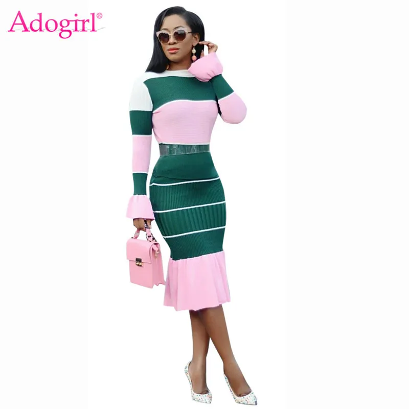 

Adogirl Colorful Stripe Knitted Two Piece Set Dress Women Long Flare Sleeve T-shirt Top High Waist Midi Mermaid Skirt Outfits