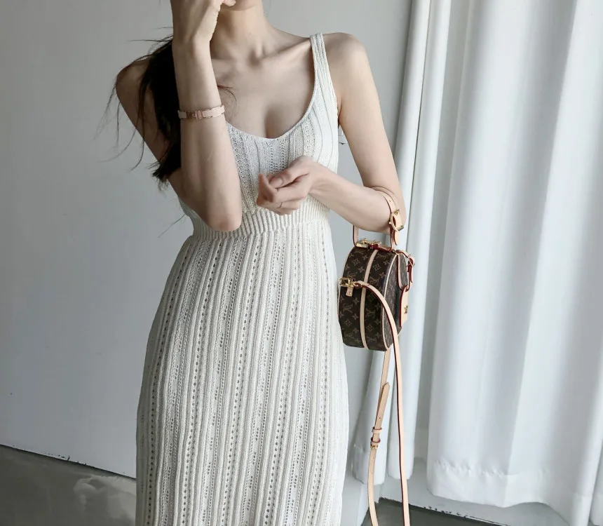 2022 Summer Women Sexy White Knitted Hollow Out Maxi Sweater Dress Elegant  Female Black Sleeveless Casual Long Party Dresses - Dresses - AliExpress