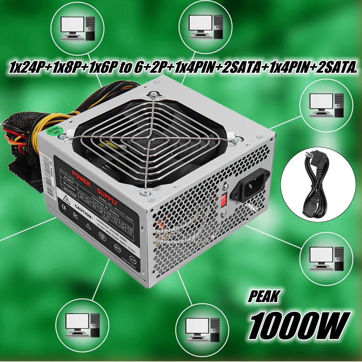

1000W ATX Power Supply+Quiet Fan For Intel AMD PC PSU PC Computer Mining Machine
