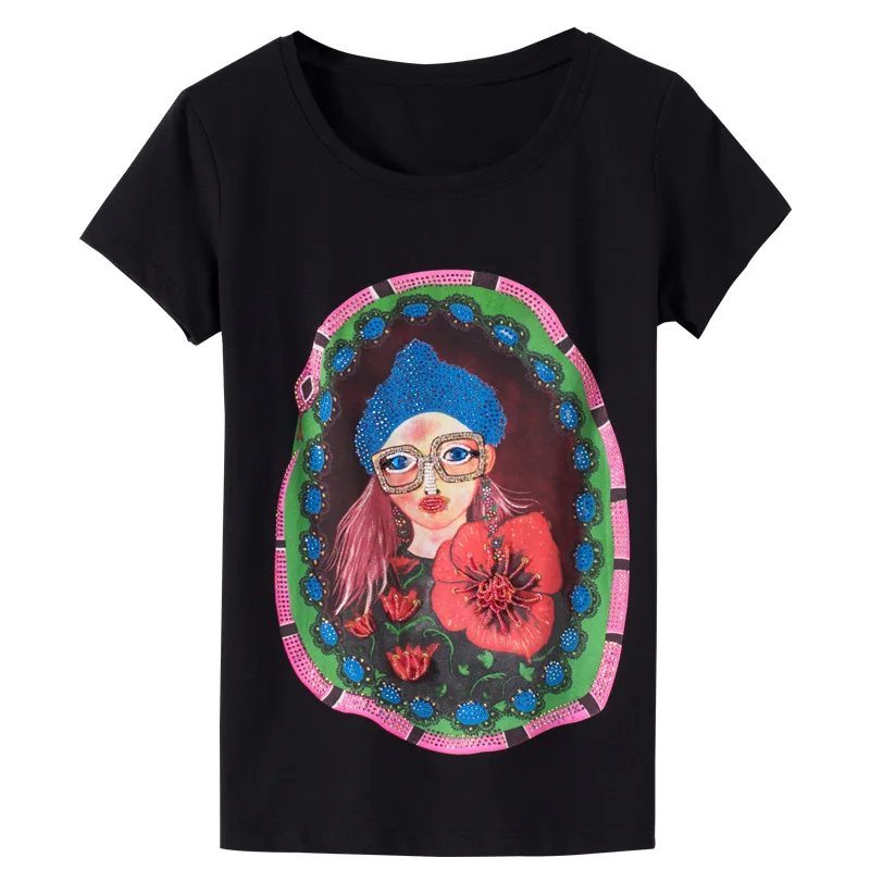 

2018 High Quality Women Cotton Diamond T-Shirts Summer O-Neck Rose Flowers Diamond Crystal Hand Made Female Beading T Shirt