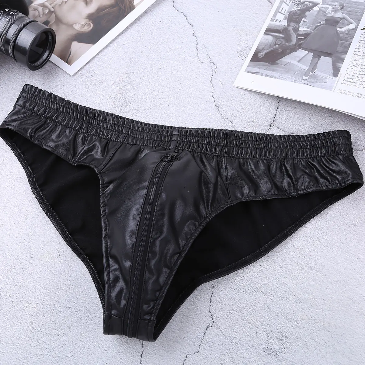 

TiaoBug Men Swimwear Underwear Black Faux Leather Zipper Crotch Low Rise Mini Bikini Briefs Thongs Male Swim Sexy Underpants