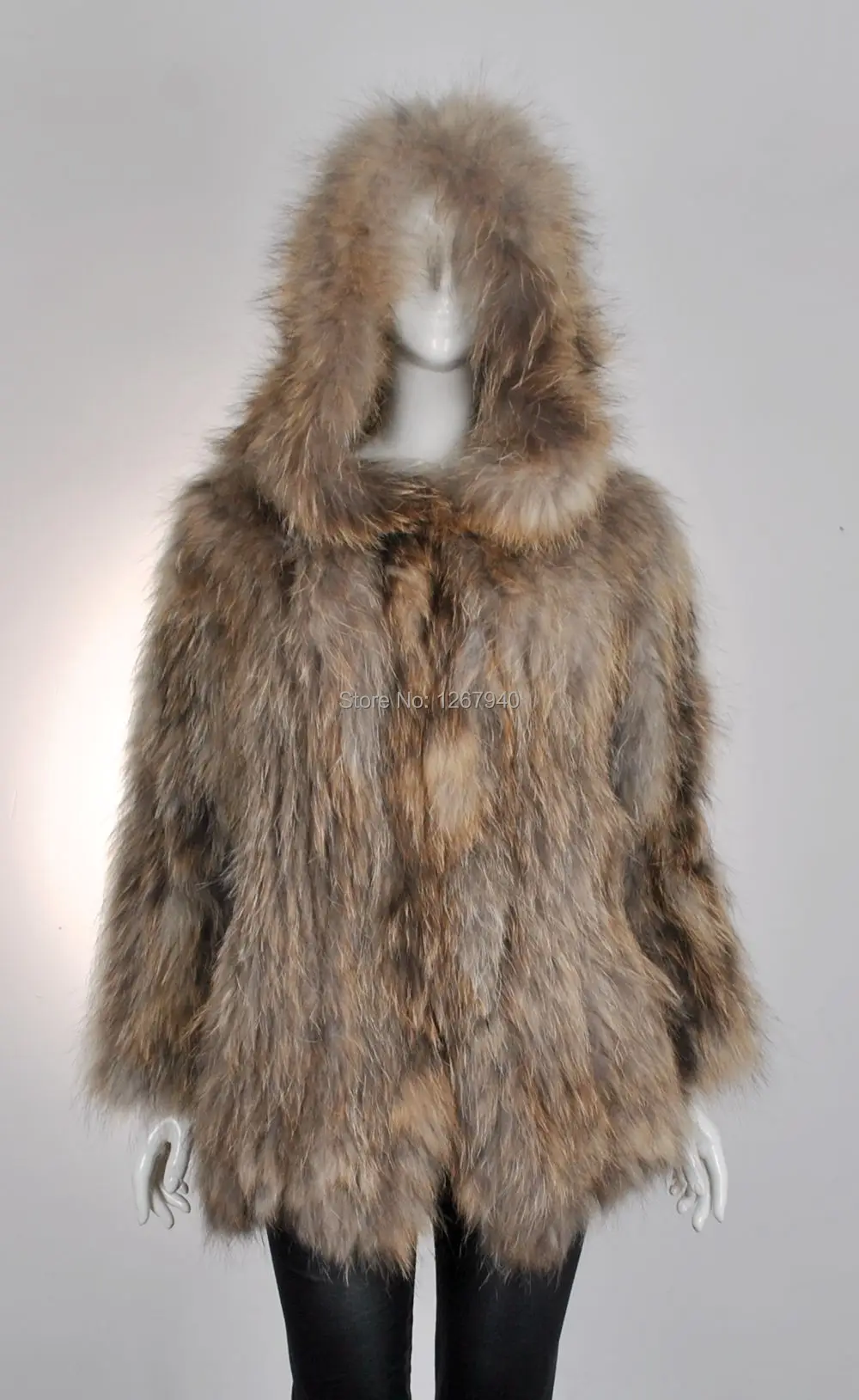 YR212 Denmark Style Genuine Raccoon Handknit Fur Coat with HoodOEM