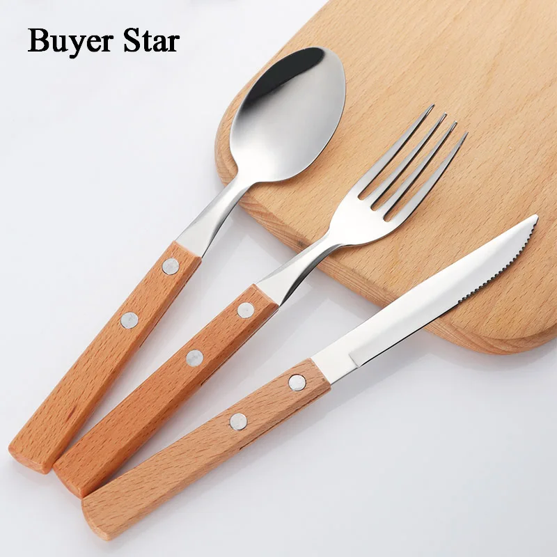HOT SALE Buyer Star Wooden Handle Stainless Steel Flatware Set Camping