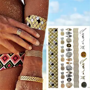 

2 sheets Fake Chain Shell Pineapple Design Temporary Flash Tattoo Gold Metallic Tattoo Sticker Tatuagem for Women Skin Art