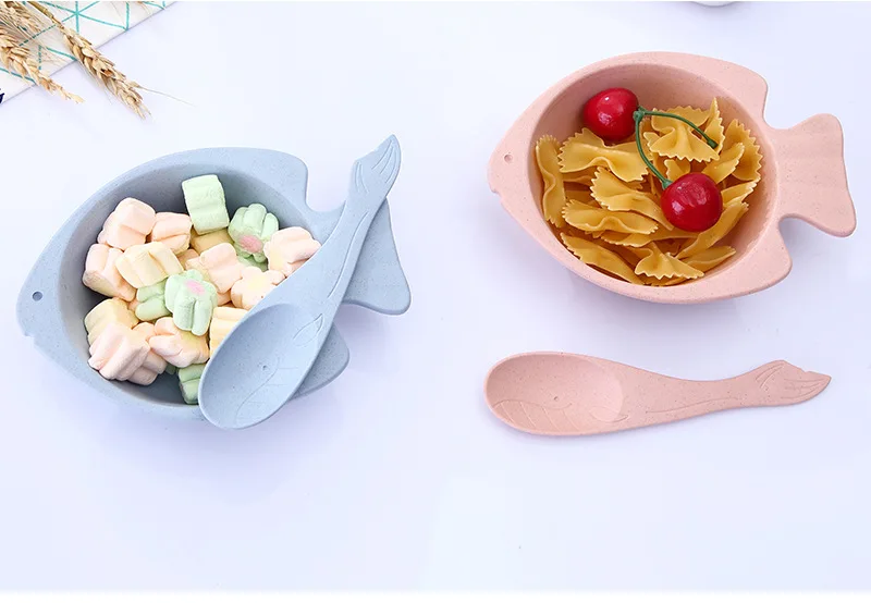 Милая миска в форме рыбы ложка набор экологически чистая Пшеничная солома BPA бесплатно мультфильм изолированные дети столовая посуда для кормления ребенка рисовая чаша