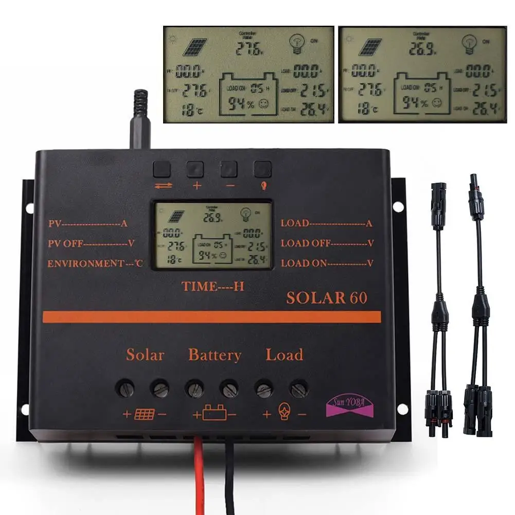 

60A Solar Charge Controller 12V 24V LCD Display USB 5V Solar Panel Charge Regulator + 2pcs MC4 Y Type Solar Connectors