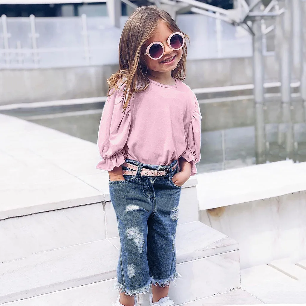 

Toddler Kids Clothe Set Baby Girls Outfits Autume Clothes Long Sleeve T-Shirt+Hole Jeans Pants 2PC Customes Suit Clothes Set