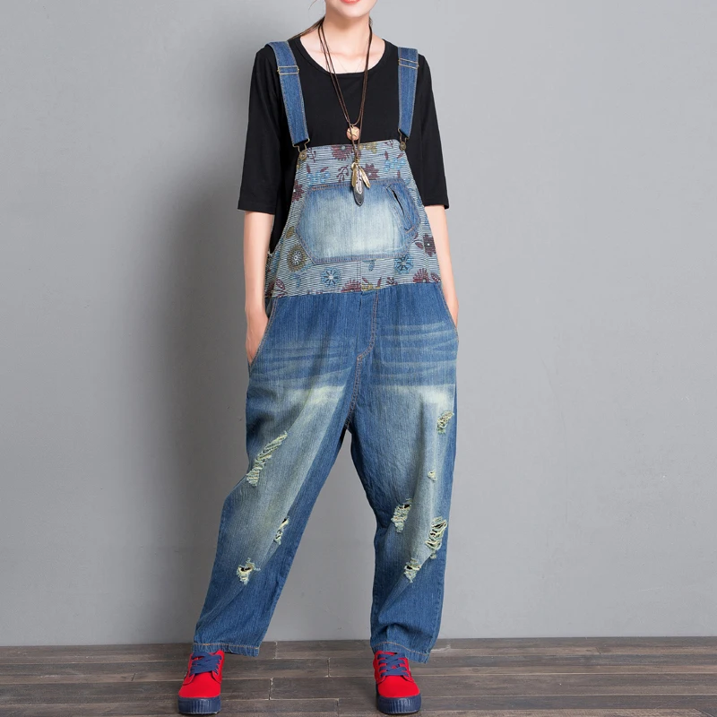 Baggy hanging crotch Jumpsuit Large size Wide Leg Jean Rompers Printed Bib Denim Overalls Hip