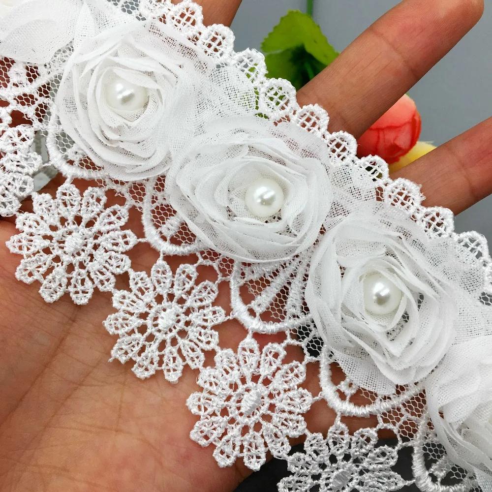 20x 7CM Wide Pearl Rose Flower Tassel Chiffon Lace Trim Fabric Bridal Wedding Dress Embroidered DIY Ribbon Sewing Craft | Дом и сад