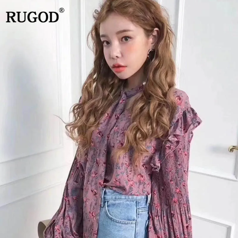 RUGOD винтаж лук выдалбливают рубашки блузка для женщин фонарь с длинным рукавом