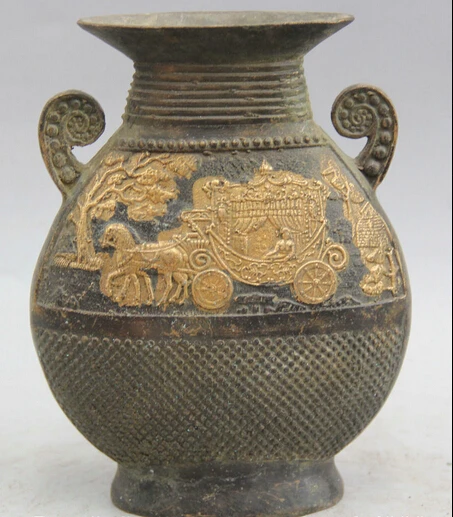 

JP S0524 6" Marked Chinese Dynasty palace Bronze Gild Horse vehicle Flower Bottle Vase