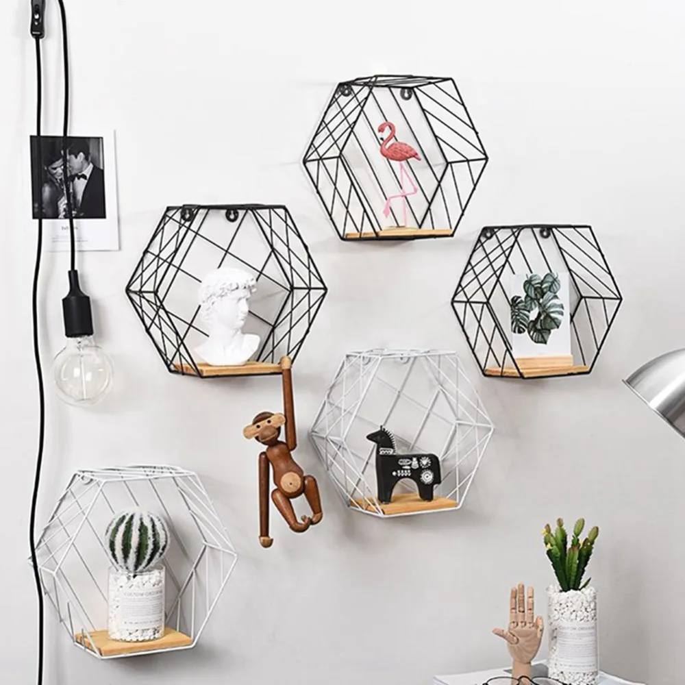 

Hexagon Grid Floating Shelf Wrought Iron Wall-mounted Storage Iron Basket Rack For Flower Pots Toys Modern Nordic