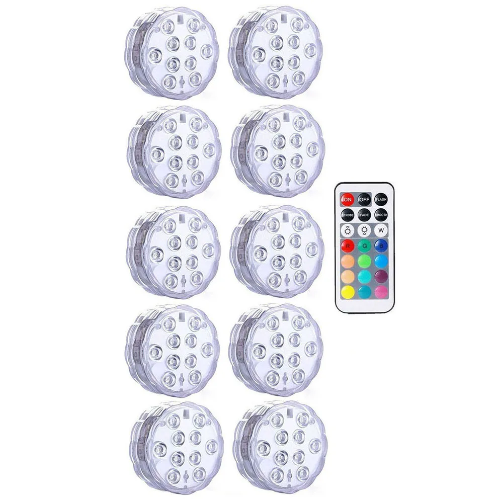 10leds RGB Submersible Light Underwater LED Night Light Swimming Pool Light for Outdoor Vase Fish Tank Pond Disco Wedding Party underwater led lights Underwater Lights