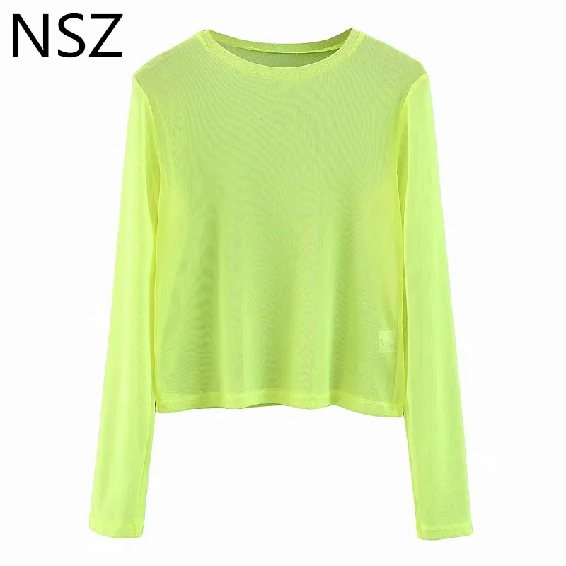 

NSZ Women Fluorescent Neon Mesh Crop Top Light Green Bright t shirt Sexy Transparent T-Shirt Long Sleeve Round Collar Tee Top