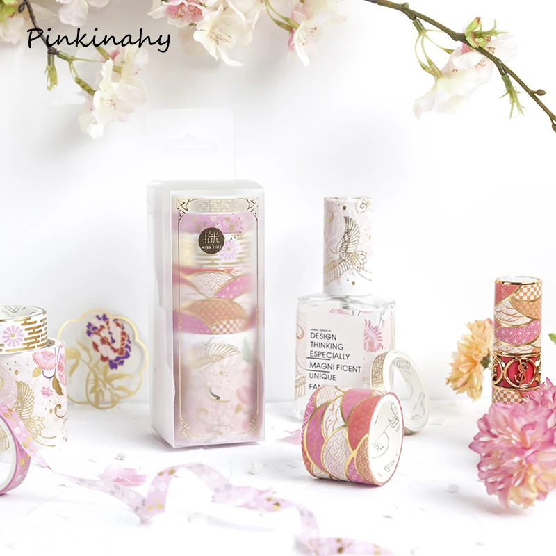 

Japanese Ancient Style Sakura Crane Wave Pattern Gilding Washi Tape Set Adhesive Tape DIY Scrapbooking Sticker Label Masking Tap