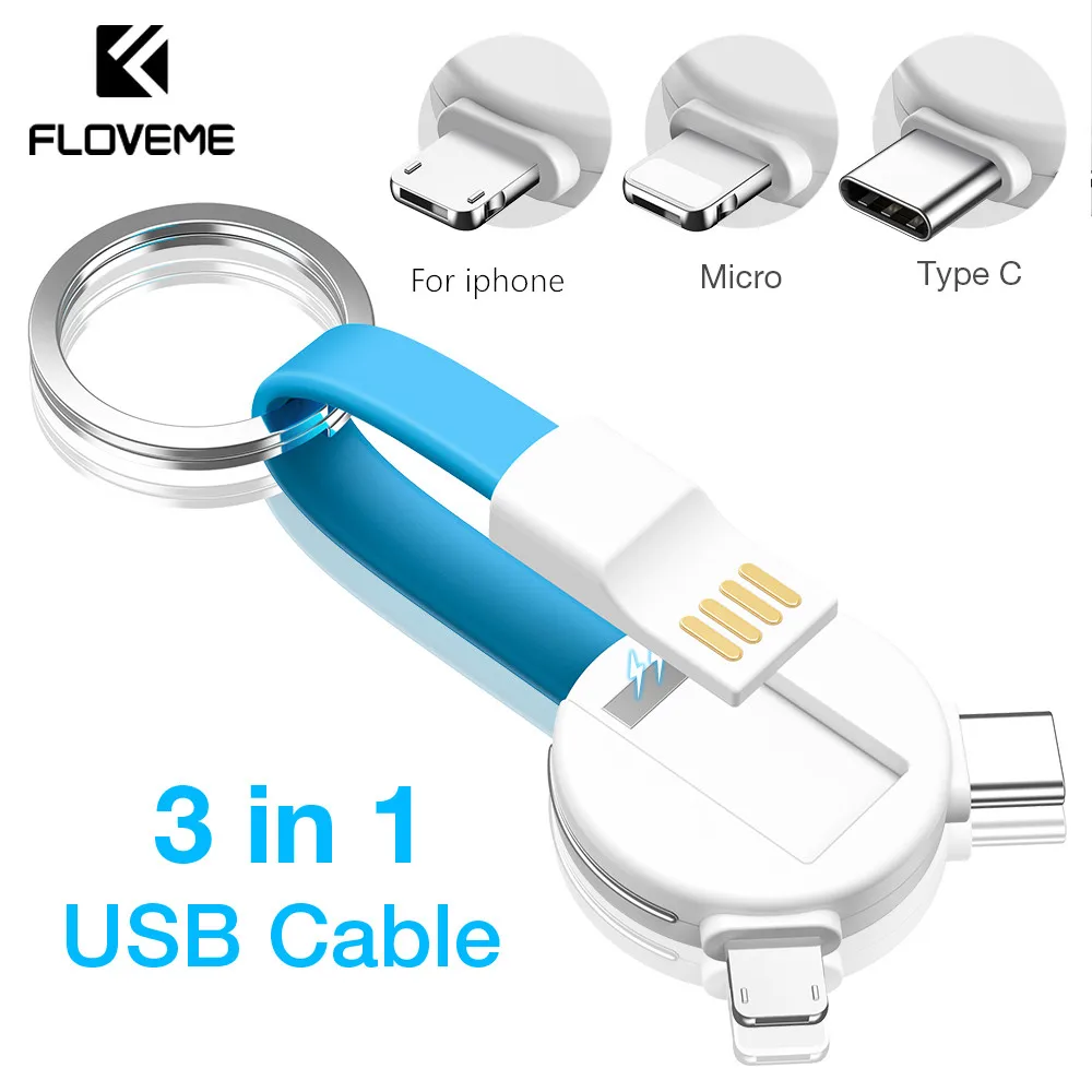 

FLOVEME 3 IN 1 Micro Type-C Magnetic USB Cable For iphone Samsung Xiaomi 2A Fast Charging 63mm Keychain For Power bank Travel