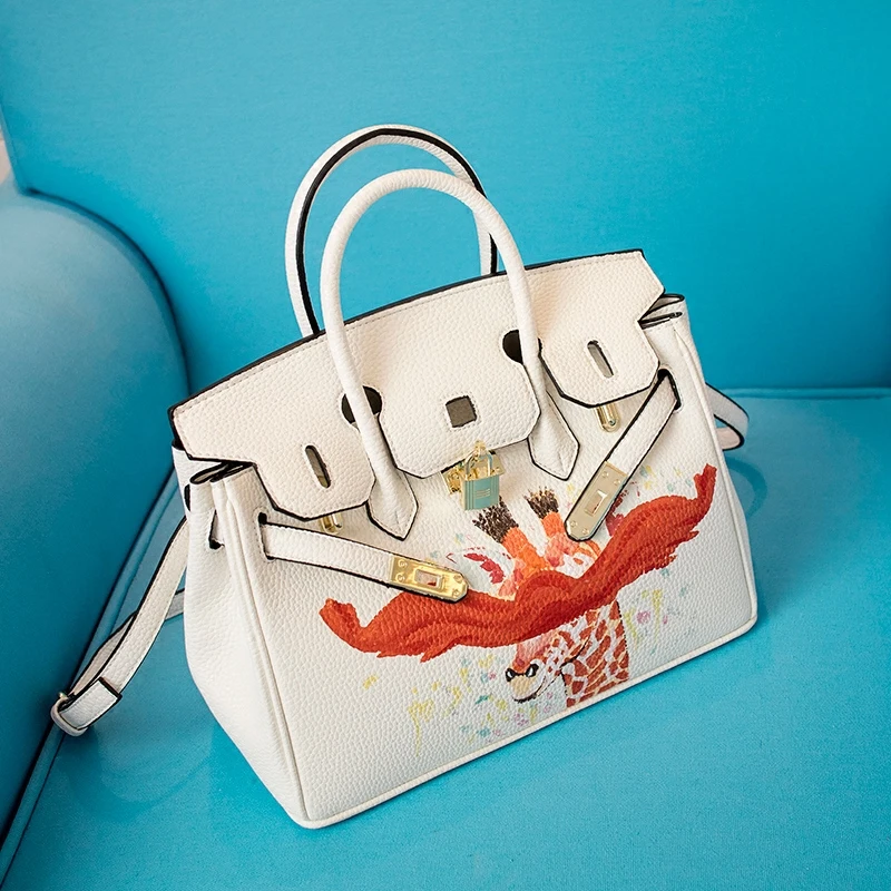 

YCUSTBAG Painting Handbag Women Famous Brands 30CM Gold Hardware designer High quality Real Leather shoulder tote bag with scarf