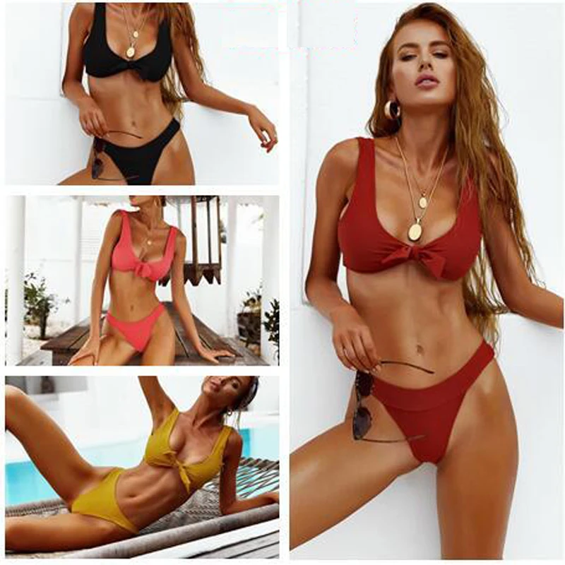 

Mid Waist Bikini 2019 Sexy Zaful Red Women Swimsuit Solid Beach Wear Push Up Bathing Suits Bow De Bain Female Biquini Swimwear
