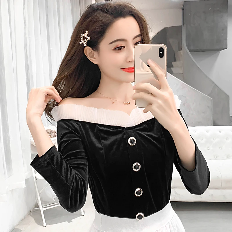 

Women top new 2019 spring Vintage Women Shirts Lace Slim slash neck Velvet Fold Base Blouse Shirt Black long Sleeves 831J3