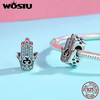

WOSTU Valentine's Gift 925 Sterling Silver Heart Lucky Protectiong Fatima Hand Beads for Silver Bracelet Fine Jewelry BKC225