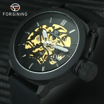 

FORSINING Sporty Fashion Men Auto Mechanical Watch Rubber Strap Golden Skeleton Purple 3D Dial Wristwatch Valentine's Day Gift