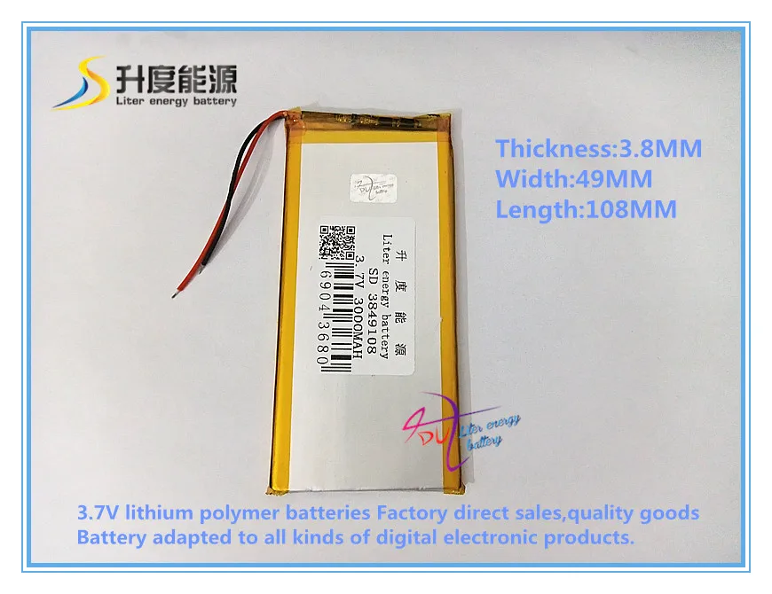 

3.7V 3000mAH 3849108 Polymer lithium ion battery for tablet pc power bank MP4 GPS CELL PHONE