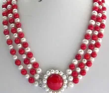 

Wonderful Lucky Jewelry stunning 17-19" 3row Natural White Pearl Red Coral Necklace Wedding Party Women wide fshipping