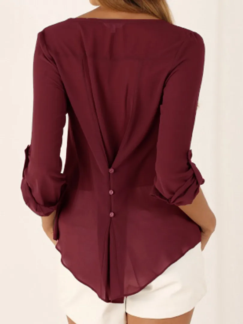 Feminina com Decote em v Camisa para Mulheres Blusa Profundo Botões Manga Comprida Chiffon Cor Sólida Preta Casual Blusas S-5xl 8 Moda Feminina