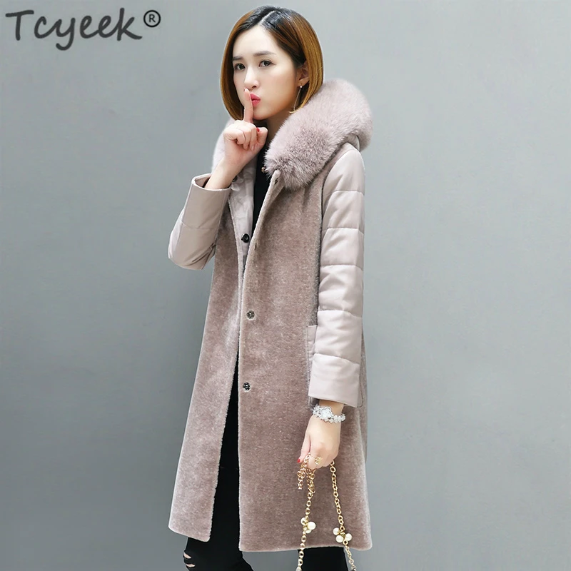 

Tcyeek Women Clothes 2019 Natural Wool Overcoat Sheep Shearing Coats Female Sheepskin Leather Sleeve Parka Real Fox Fur LWL1389