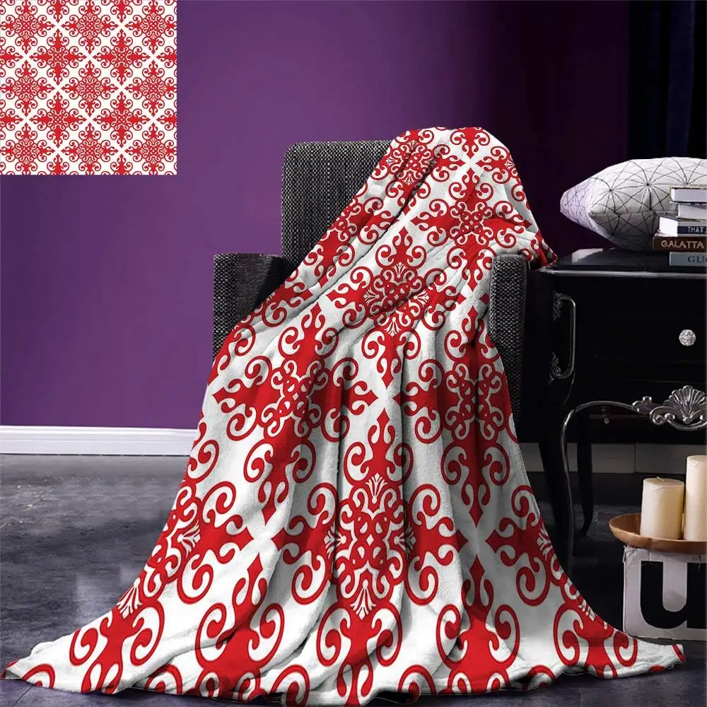 

Red Throw Blanket Western Style Floral Scroll Motif Swirled Lines Antique Royal Ornament with Framework Warm Microfiber