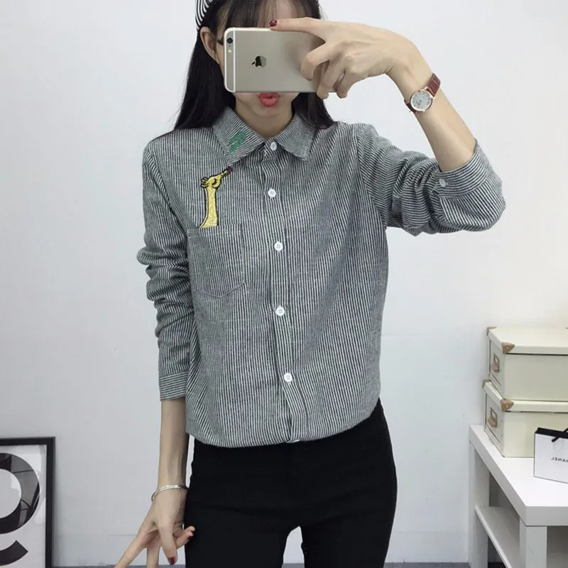 2016 New Spring and Autumn Womens Shirt Blouse Cat Embroidery Long Sleeve Women Shirts Casual Tops Size M-XL13