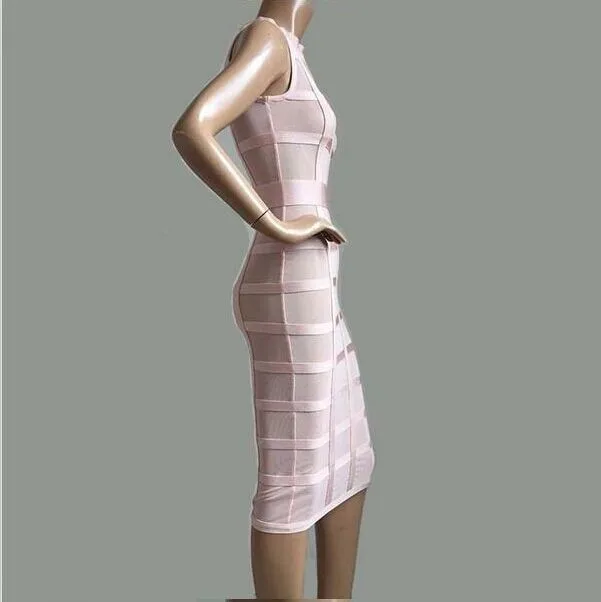Женское новое поступление оптом розовое без рукавов, для высокой шеи Сетчатое Бандажное платье прямые поставки 1 шт платье+ костюм