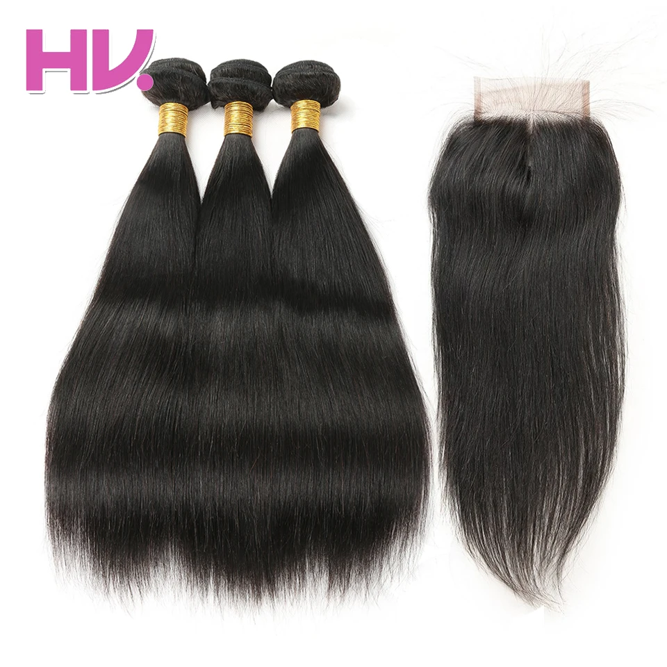 Hair Villa One Pack Remy Brazilian Straight Hair Bundles With Closure Human Hair Weave Bundles with 44 Lace Closure for Salon