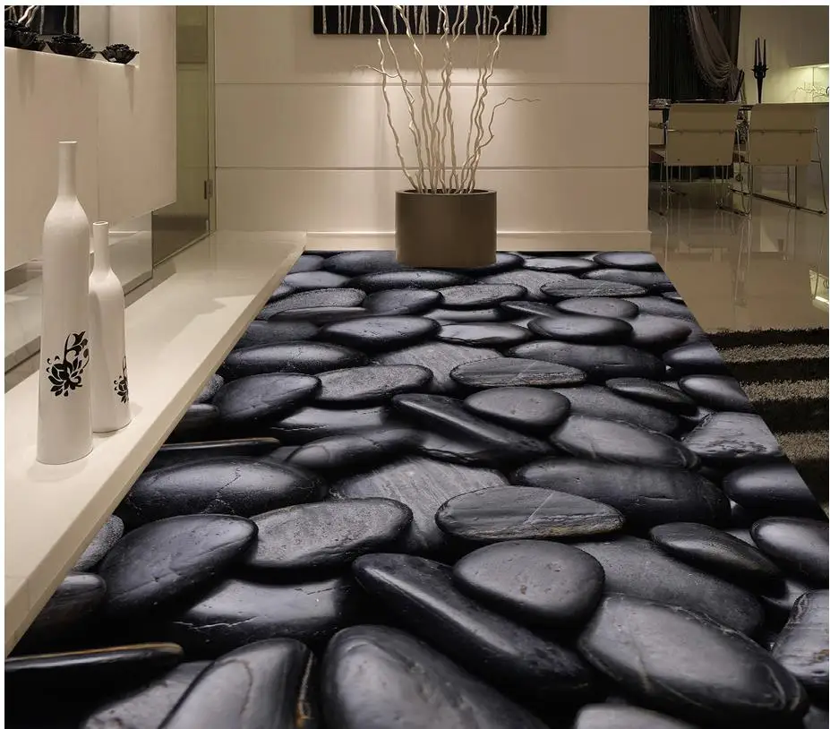 

3D Floor PVC Wallpaper Self-adhesive Floor Mural Black Cobblestone Stone Floor Modern Custom 3D Floor Mural