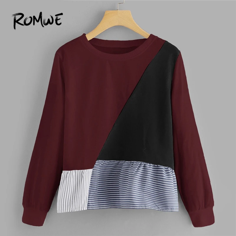 

ROMWE Burgundy Colorblock Striped Sweatshirt Women Clothes Autumn Womens Fashion Clothing Casual Sweatshirts Pullover