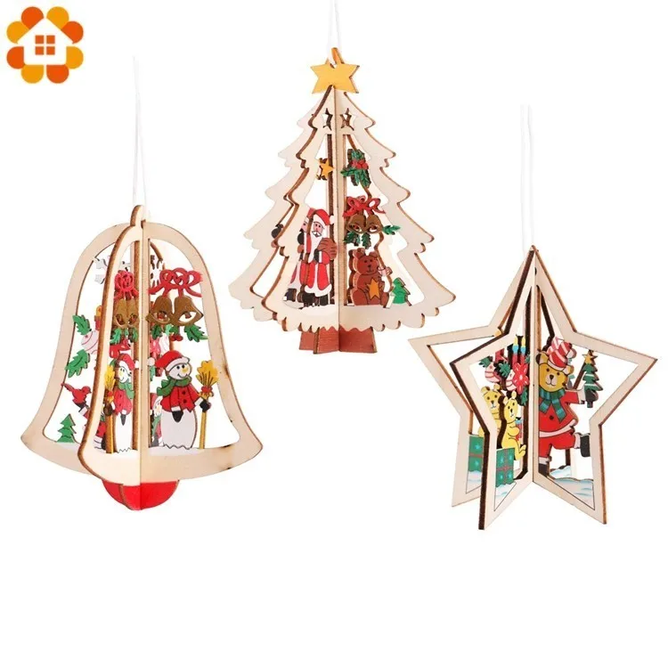 

3Pcs Wooden Christmas Tree &Bell&Star Shape Pendants Hanging Xmas Tree Ornaments DIY Wood Crafts Home Christmas Party Decoration