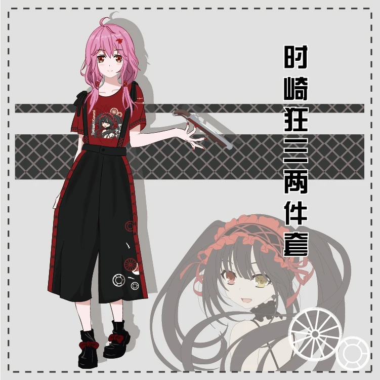 

2019 Anime DATE A LIVE Tokisaki Kurumi Cosplay Red T-shirt Short Sleeve Overalls Capri pants Summer Women Suit