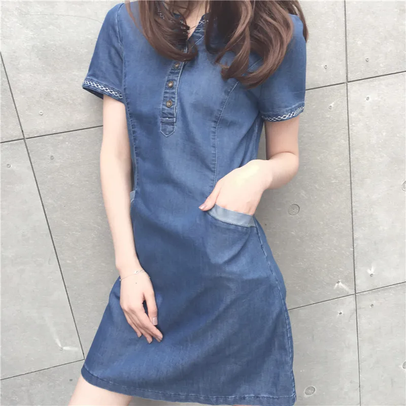 QMGOOD Summer Dresses Women 2019 New Korean Denim Dress for Women Casual Solid Jeans Dress Sexy Denim Mini Dress Plus Size XXL